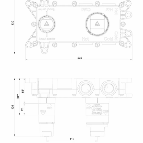 Alternative view of גוף פנימי לברז מהקיר עם 2 חורים